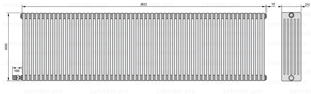 Схема (чертеж) Радиатор Zehnder Charleston 6300/57 №V003 Белый глянцевый RAL 9016